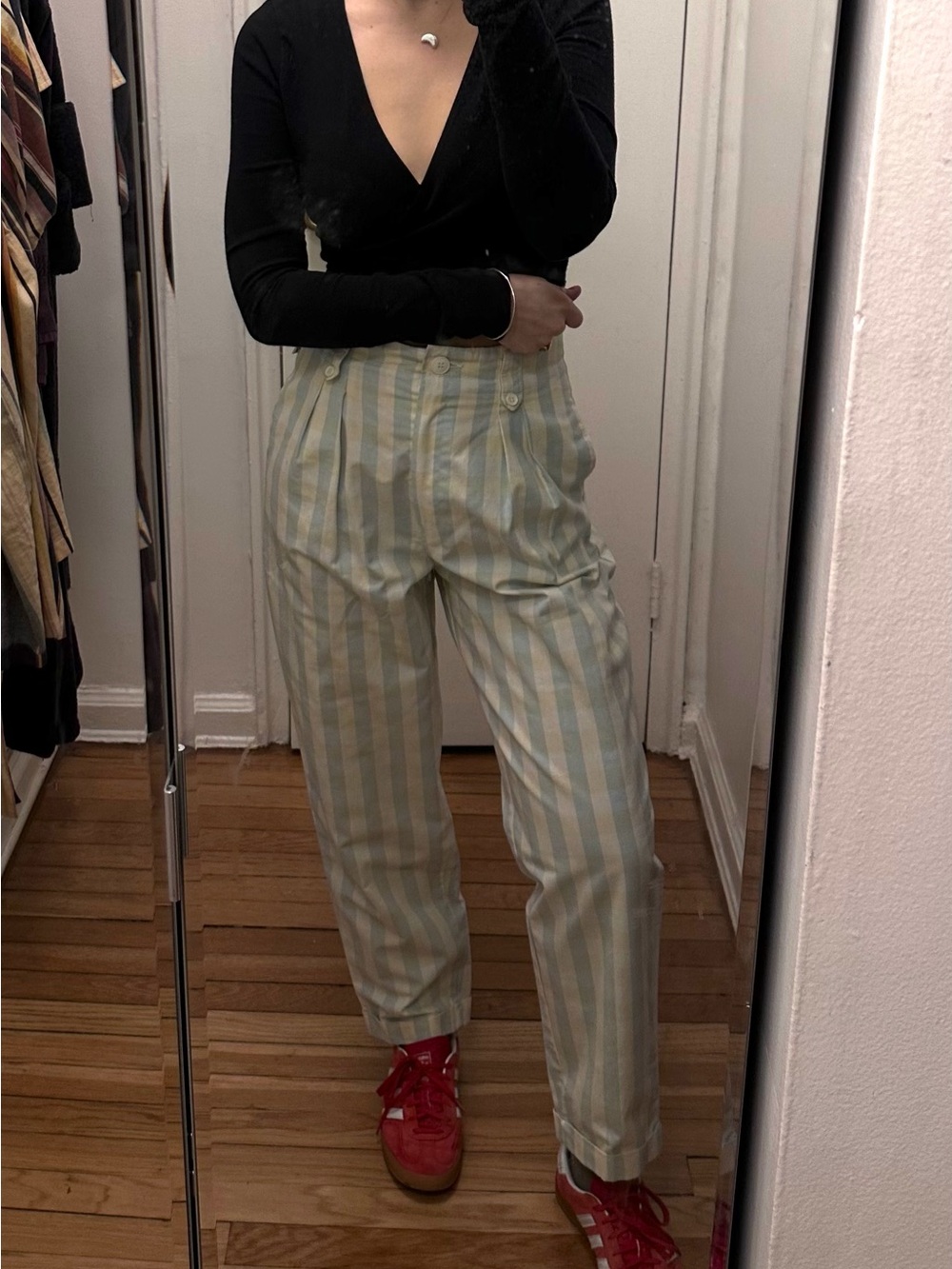 Vintage Wrangler High-Waist Striped Women’s Trousers in Light Blue & Cream